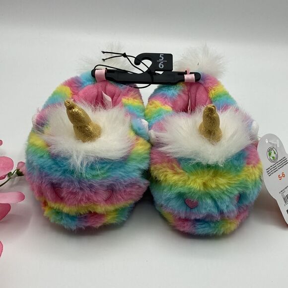 Toddler Baby Girls Plush Critter Unicorn Fuzzy Comfy Slippers Shoes Size 5/6 - Picture 1 of 4